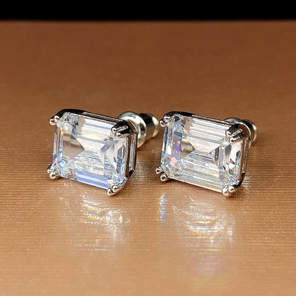 3.79Ct+ Emerald Cut Square Austrian Crystal VVS Simulated Diamond Studs Earrings - Picture 13 of 16